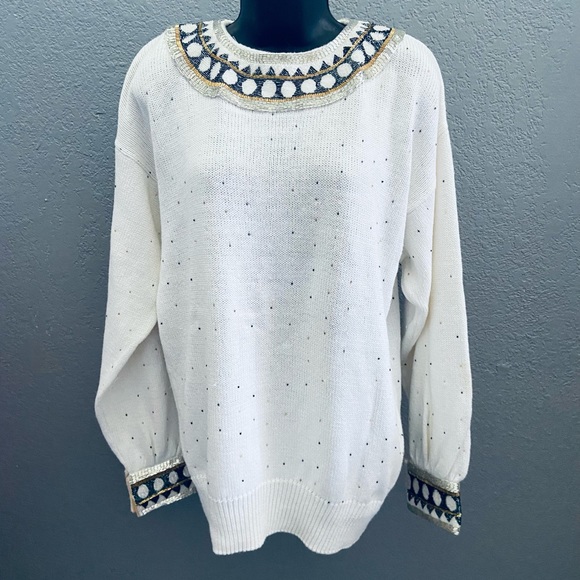 Bonnie Boerer & Company 80s Vintage Ramie/Cotton Beaded Collar Sweater - Small - Picture 2 of 8